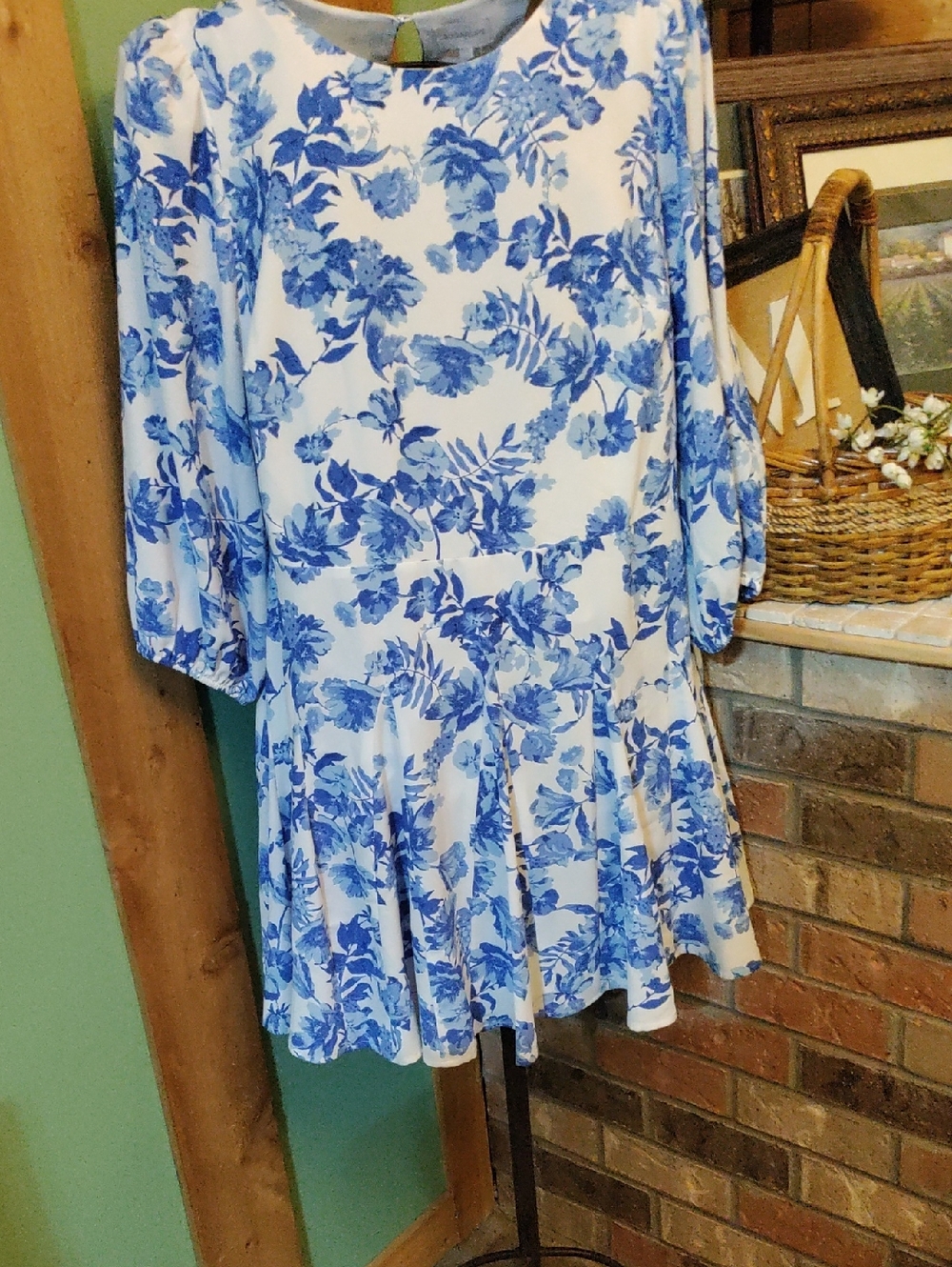 Sugarlips Blue Floral White Midi Dress with Pleated Skirt